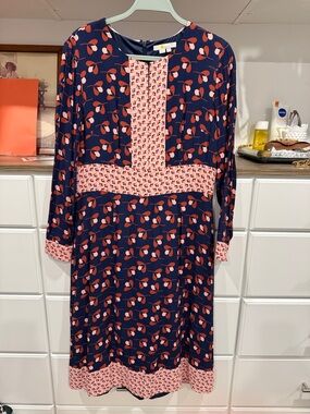 NWOT Boden Navy & Coral Printed Long-Sleeve Shift Dress